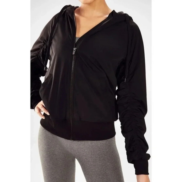 Moving Sale💘 Fabletics Jacket L Black Hooded Nylon Zip Up Long Sleeve Athletic - Picture 4 of 9